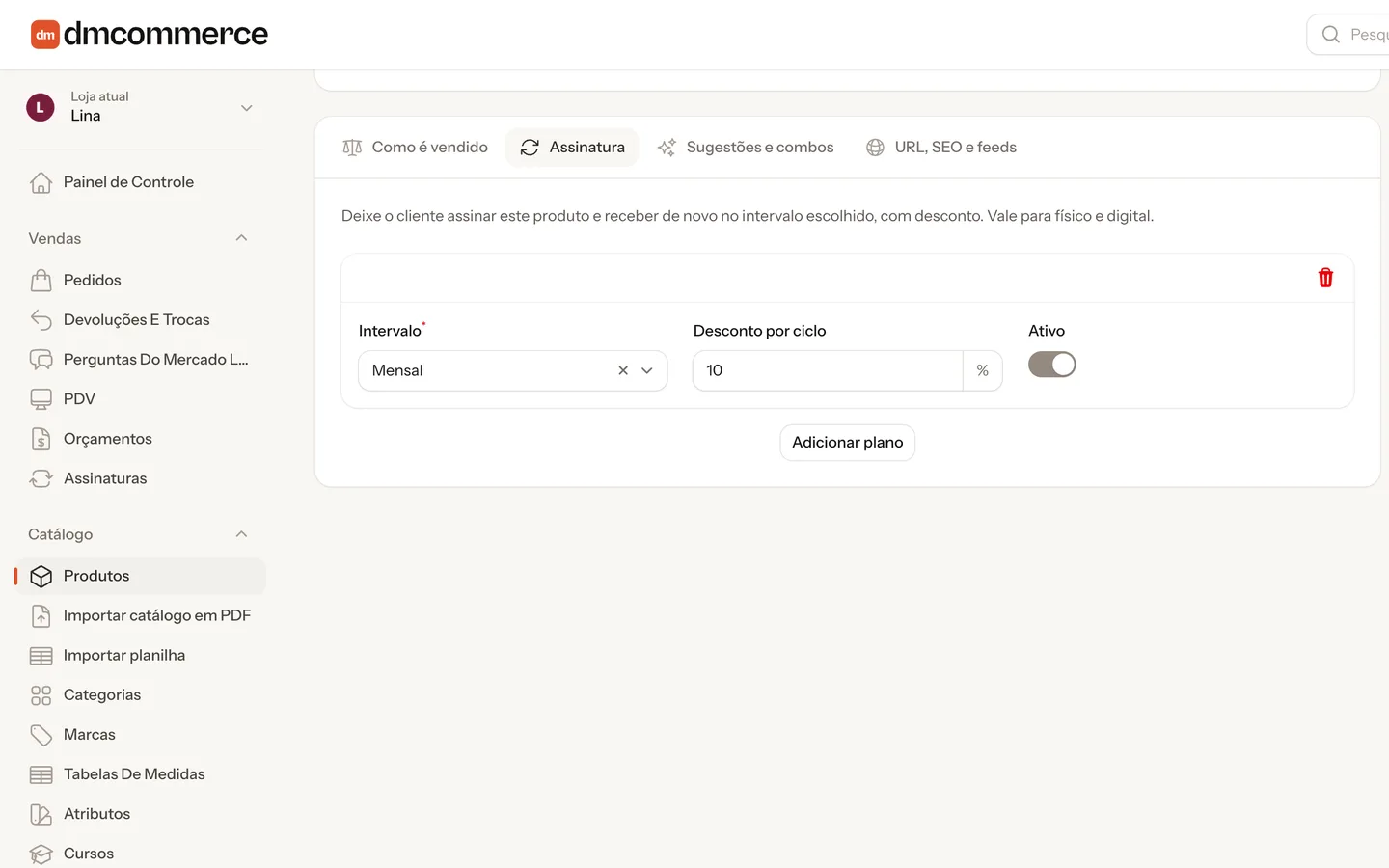 Aba Assinatura do produto no painel, com o plano mensal e o desconto por ciclo.