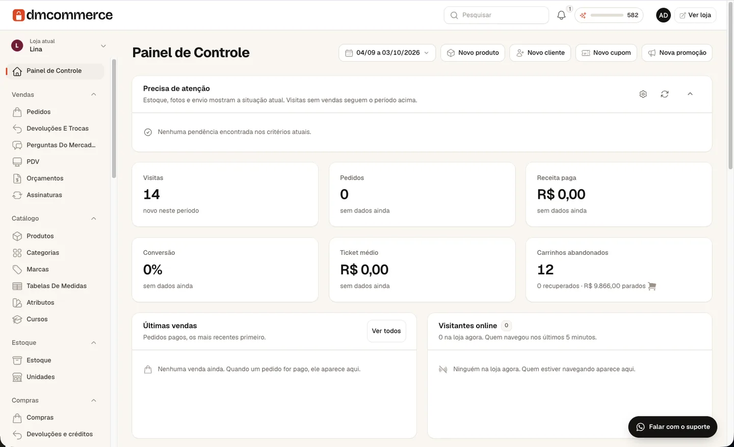 Painel de controle da loja, com vendas do período, pendências e avisos.