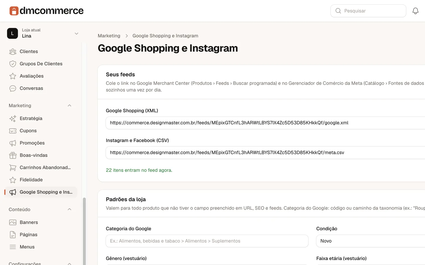 Tela de Google Shopping e Instagram no painel, com os feeds da loja.