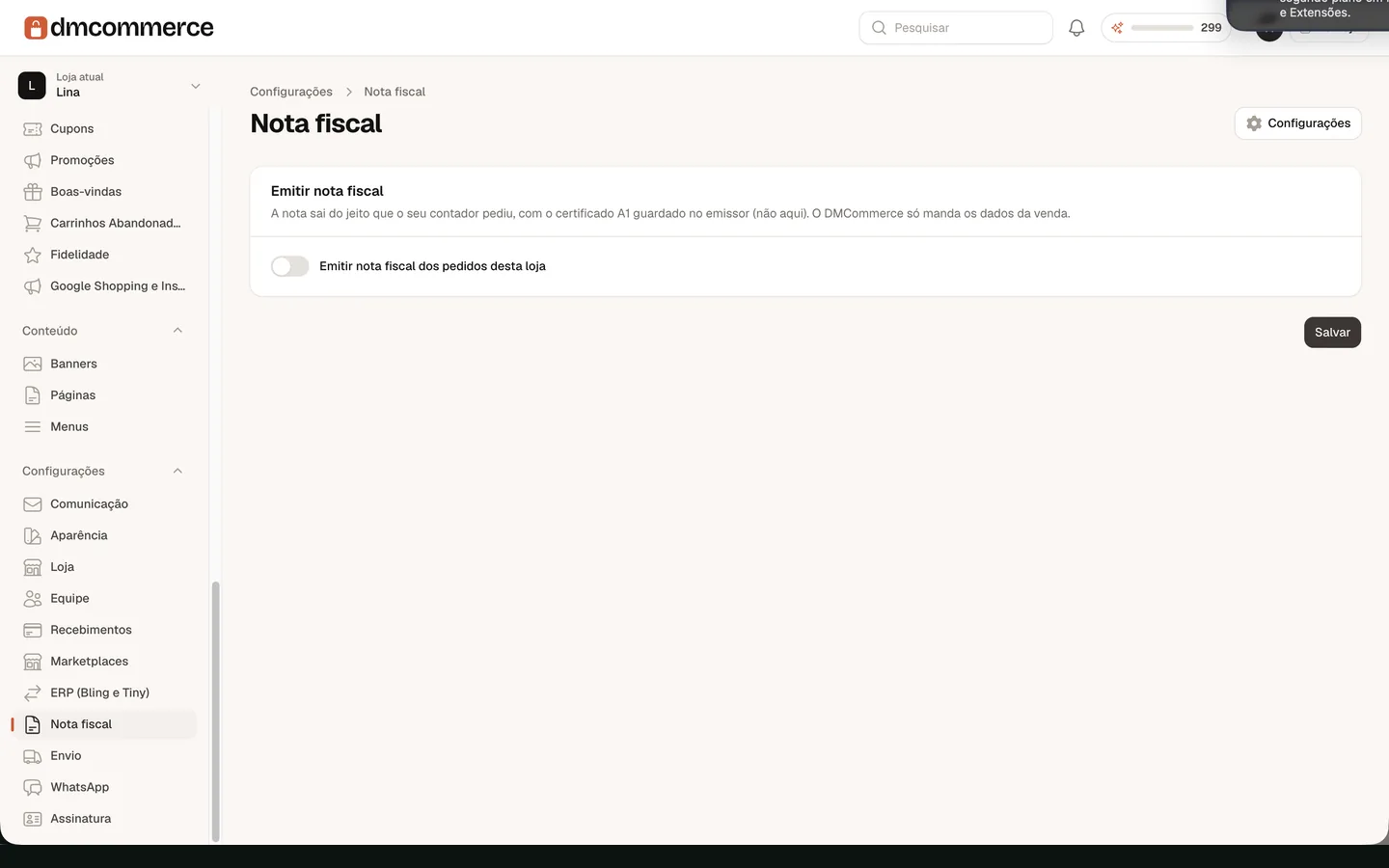 Tela de Nota fiscal do painel, com a opção de emitir ao pagar o pedido.